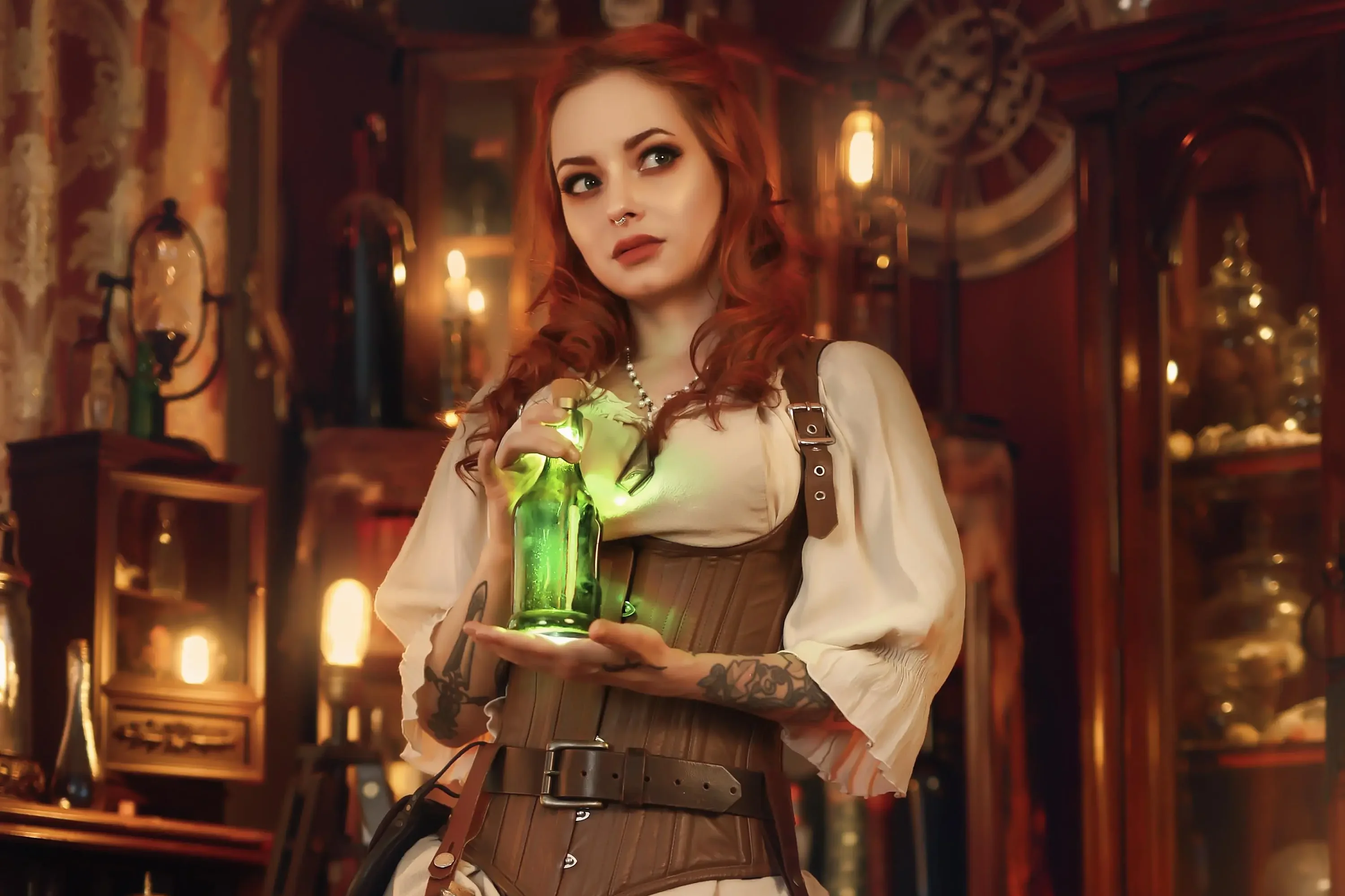 Forbidden Realm The Apothecariumcorset curio-cabinets leather redhead gen-the-hobbit genevieve genthehobbit macabre sorcery victorian  Slide