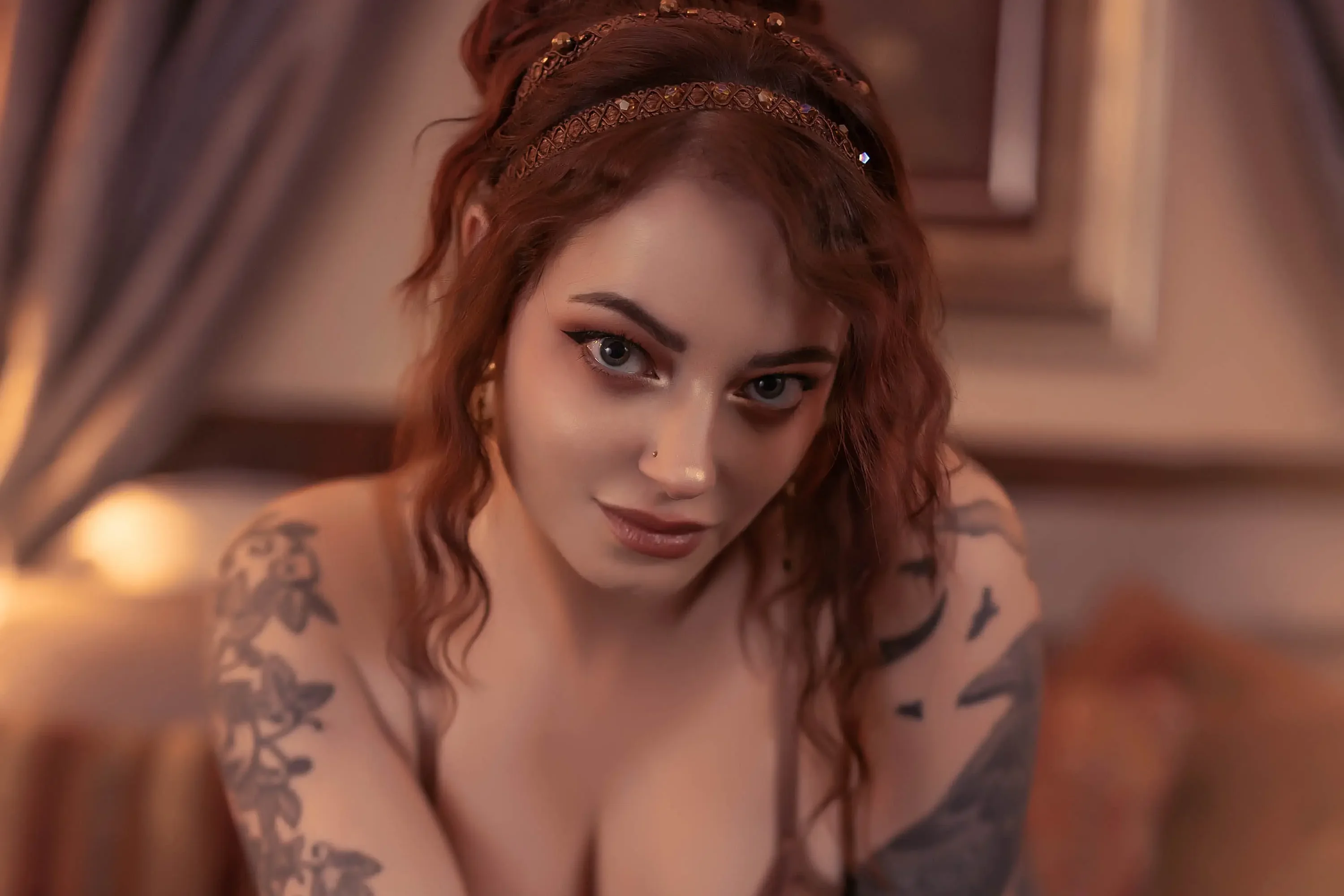 Forbidden Realm The BedChamberknee-socks dreamy redhead bed gen-the-hobbit genevieve genthehobbit boudoir feminine  Slide