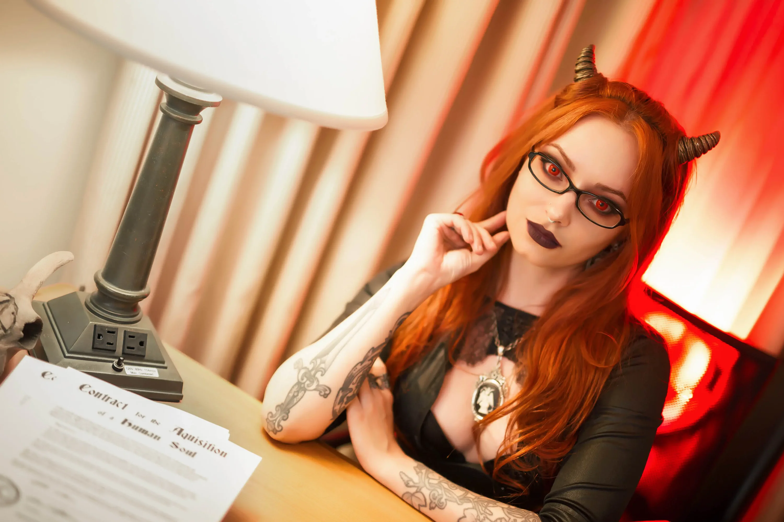 Forbidden Realm The Devils Bargainfishnets glasses horns red-eyes demon mythological-creature redhead gen-the-hobbit genevieve genthehobbit business-time  Slide
