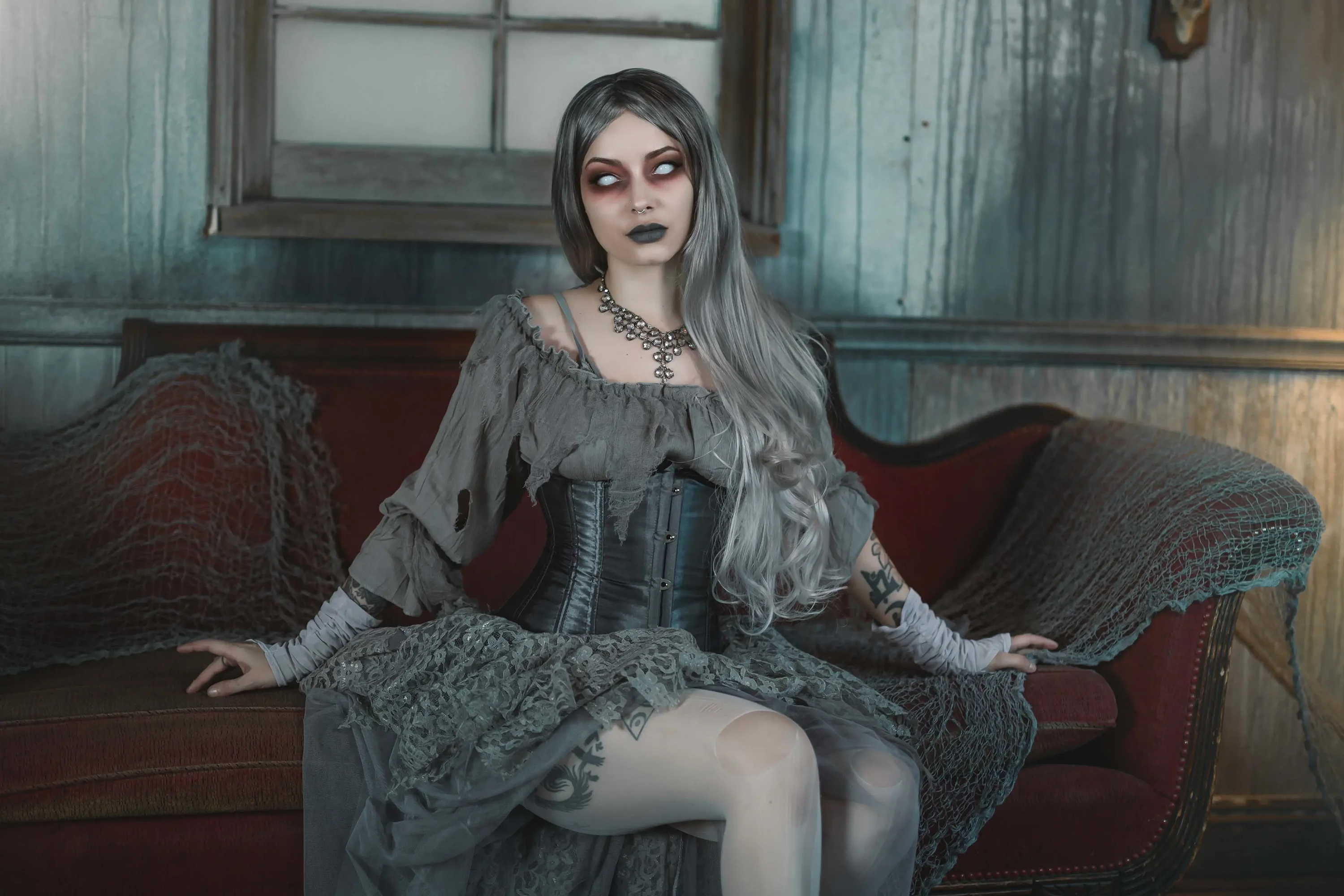 Forbidden Realm The Hauntingcorset lace stockings silver-hair halloween gen-the-hobbit genevieve genthehobbit macabre occult  Slide