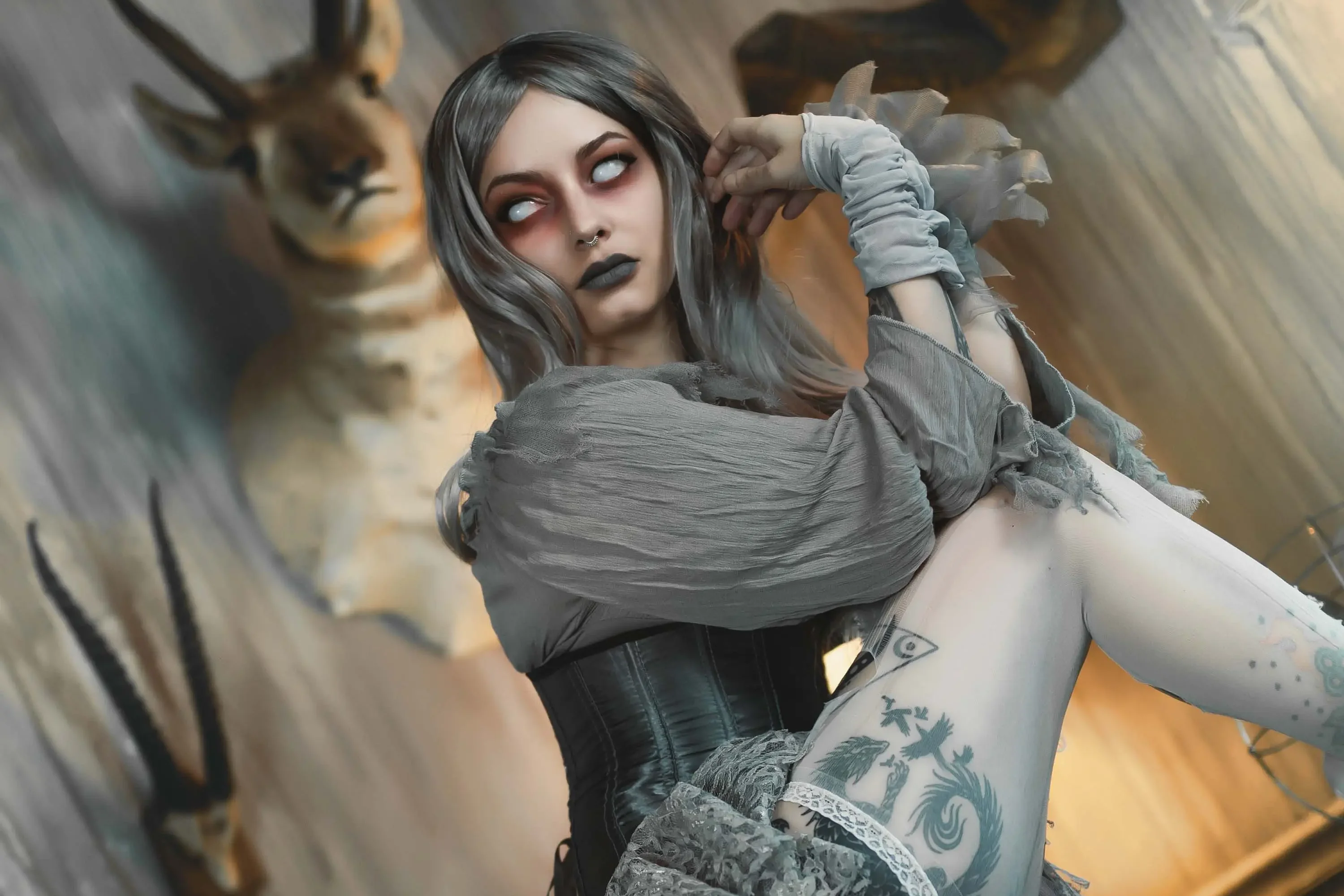Forbidden Realm The Hauntingcorset lace stockings silver-hair halloween gen-the-hobbit genevieve genthehobbit macabre occult  Slide