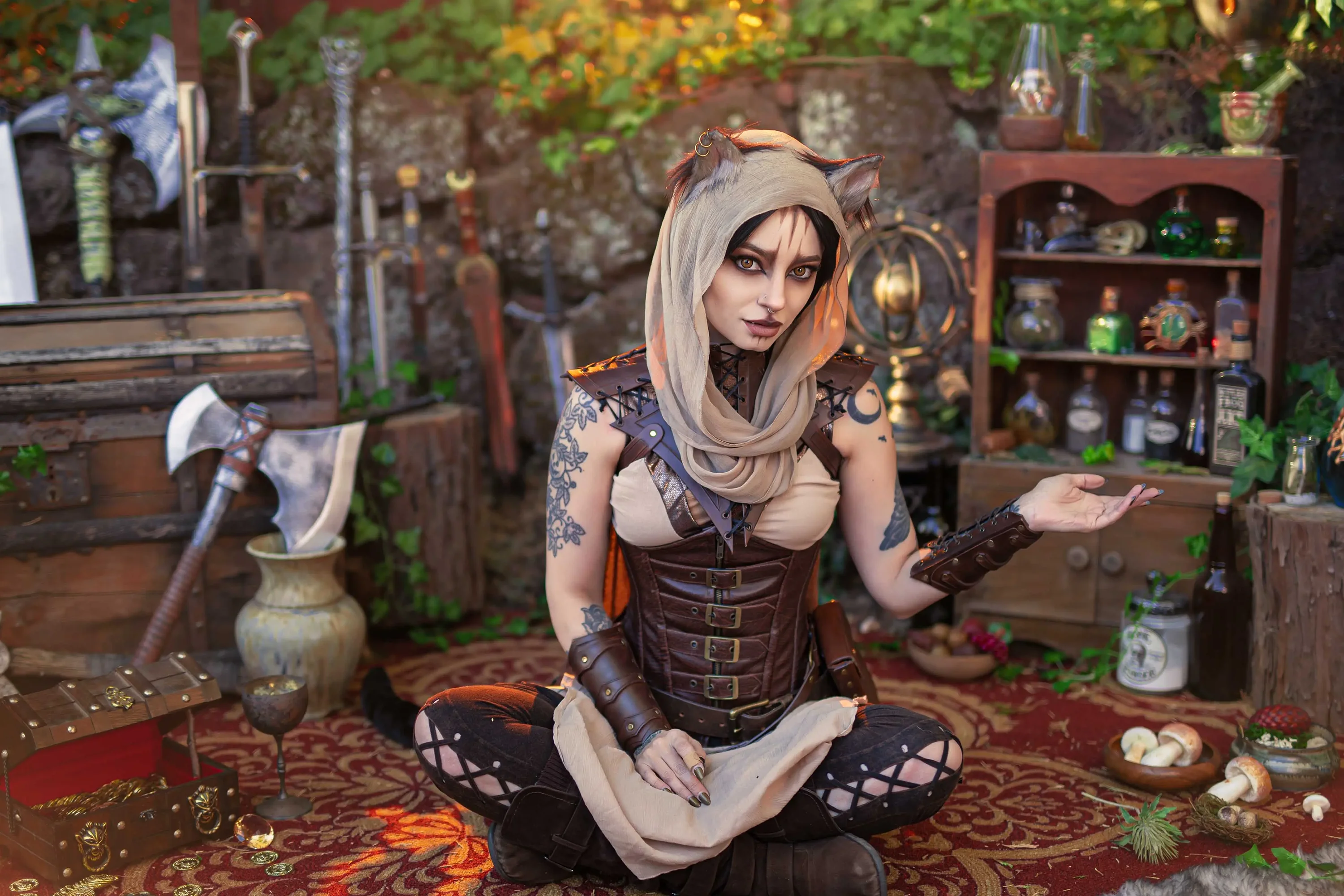 Forbidden Realm The Khajiit's Warescorset leather kitty whimsical redhead outdoor gen-the-hobbit genevieve genthehobbit cosplay fantasy skyrim  Slide