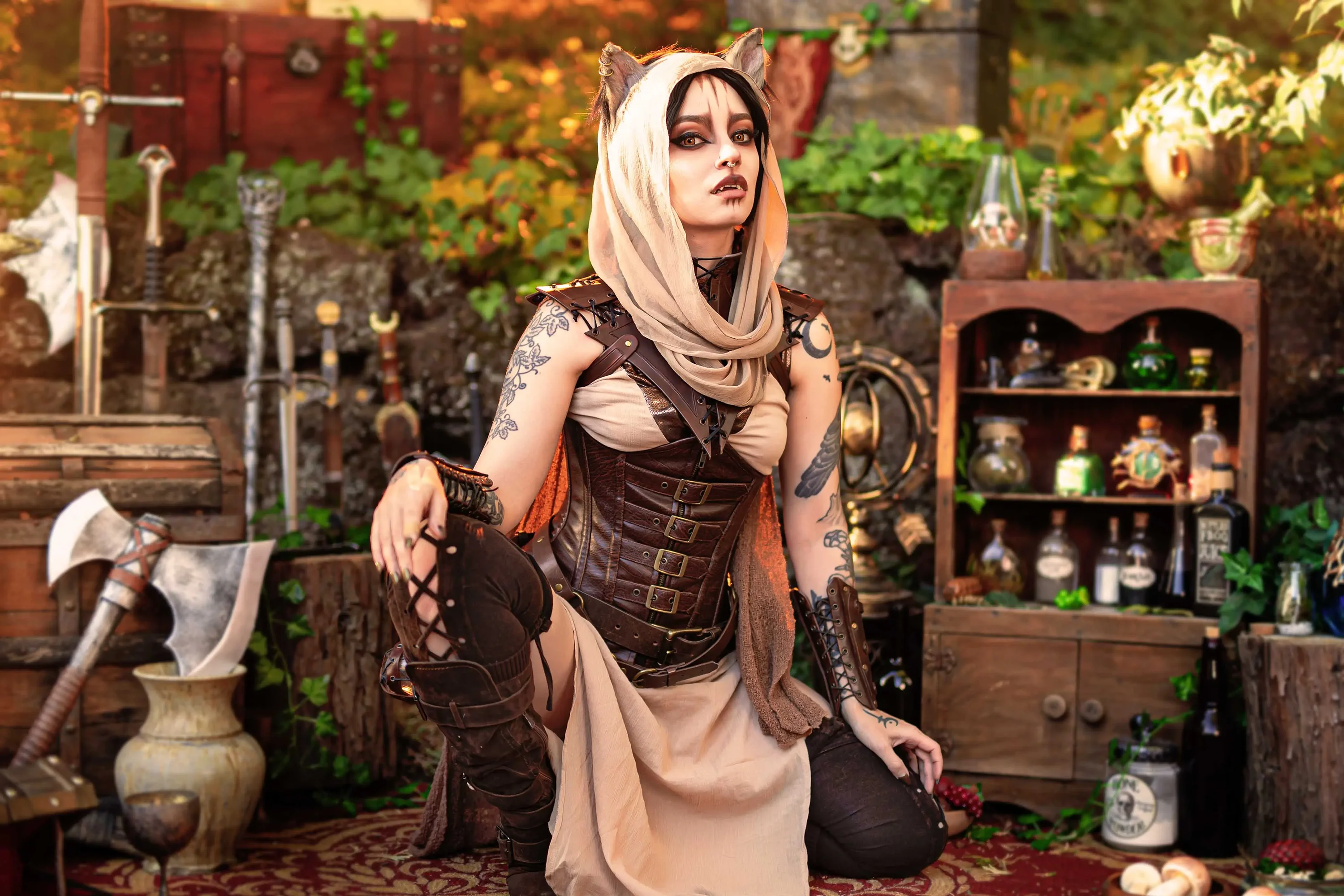 Forbidden Realm The Khajiit's Warescorset leather kitty whimsical redhead outdoor gen-the-hobbit genevieve genthehobbit cosplay fantasy skyrim  Slide