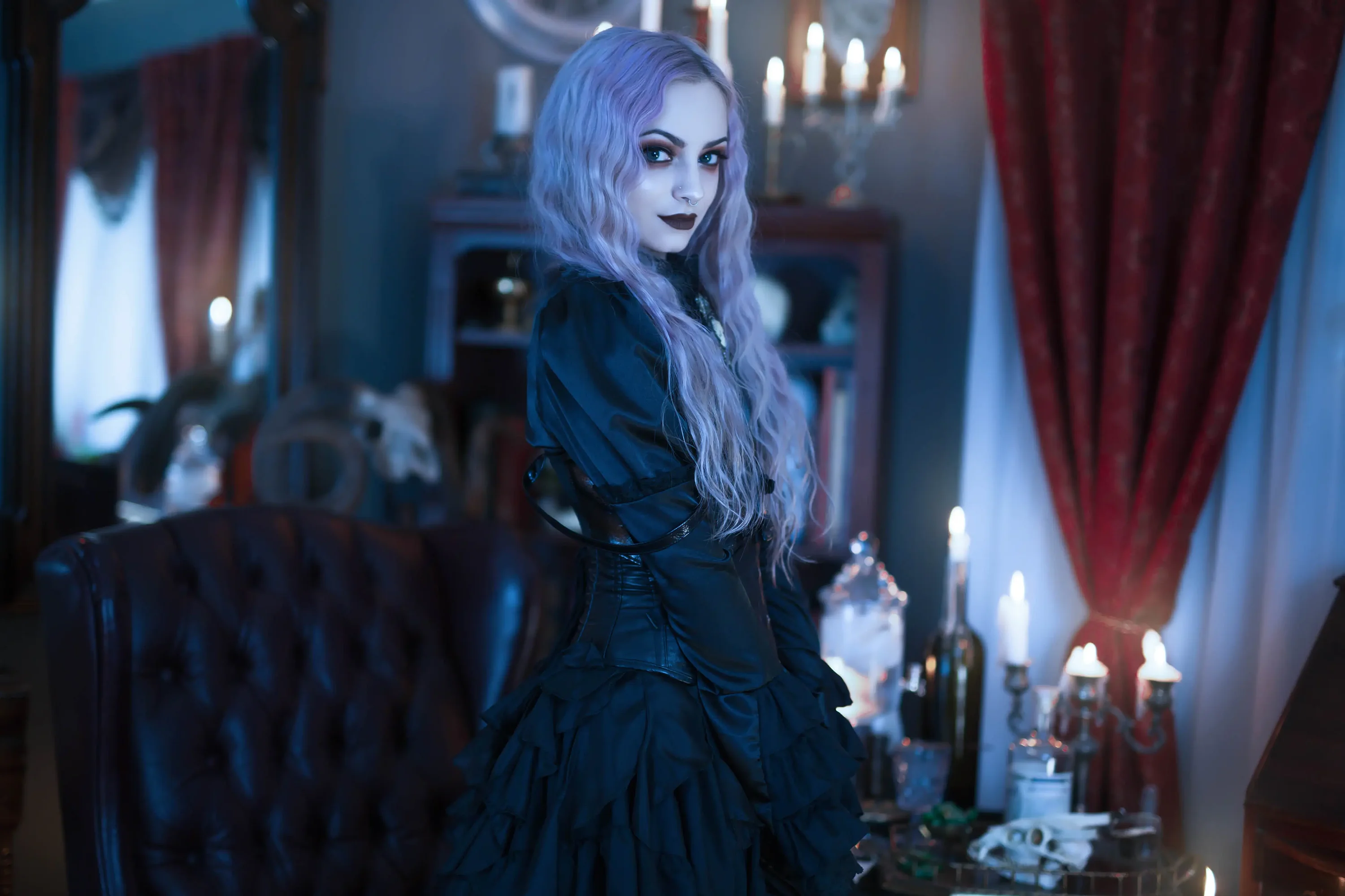 Forbidden Realm The Perfect Drugabsinthe black-lace candles corset leather stockings purple-hair gen-the-hobbit genevieve genthehobbit goth  Slide