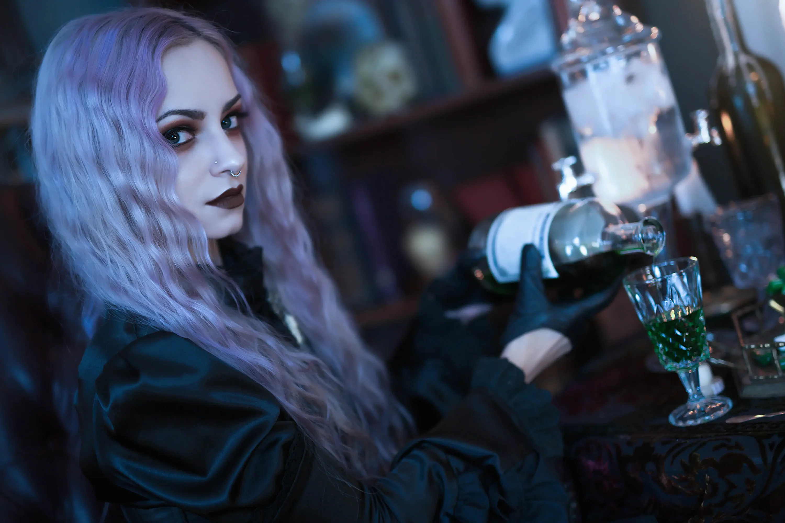 Forbidden Realm The Perfect Drugabsinthe black-lace candles corset leather stockings purple-hair gen-the-hobbit genevieve genthehobbit goth  Slide