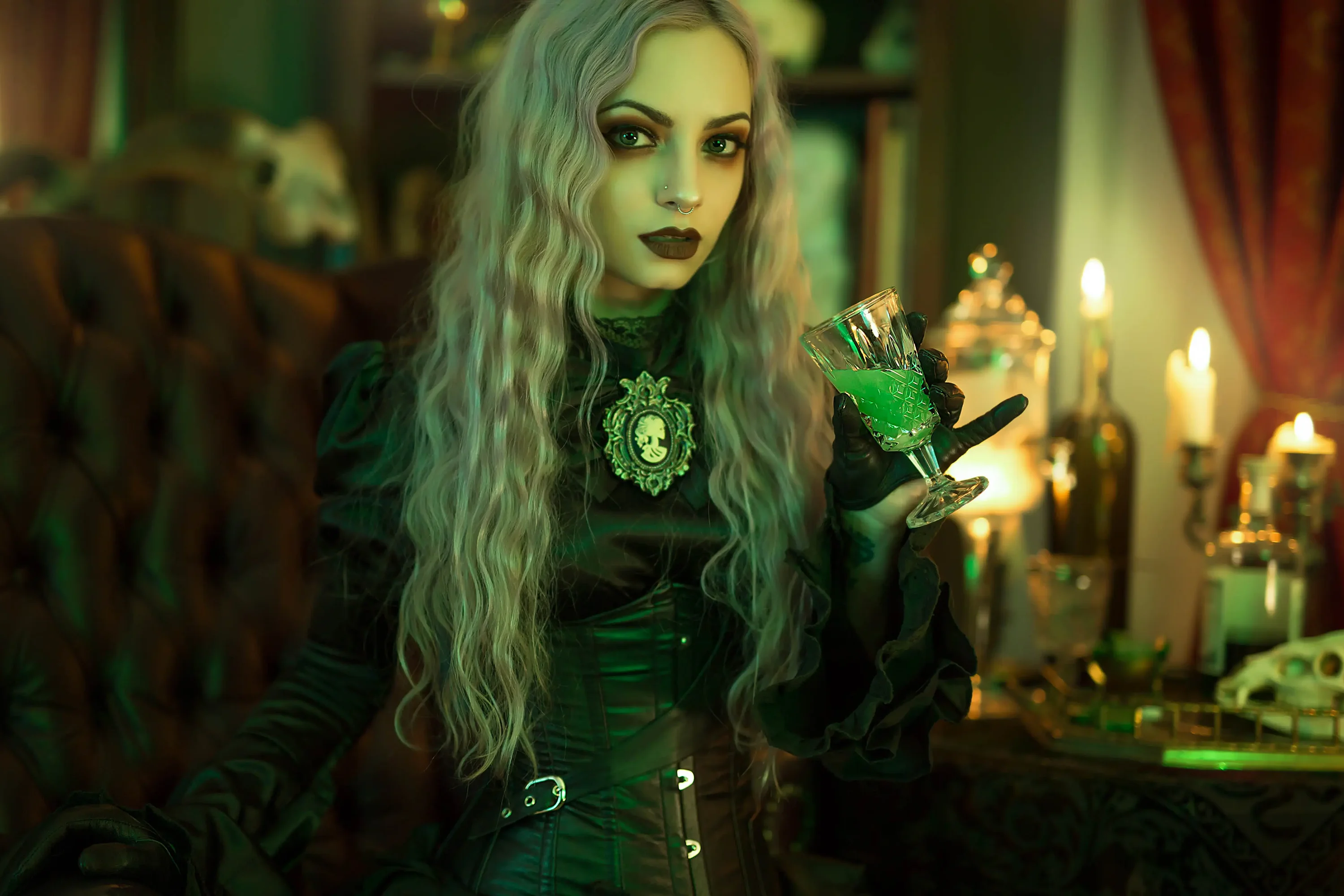 Forbidden Realm The Perfect Drugabsinthe black-lace candles corset leather stockings purple-hair gen-the-hobbit genevieve genthehobbit goth  Slide