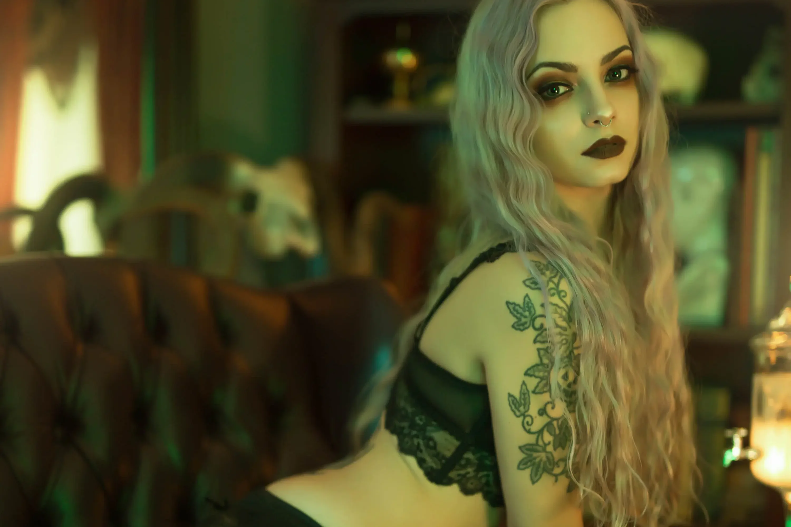 Forbidden Realm The Perfect Drugabsinthe black-lace candles corset leather stockings purple-hair gen-the-hobbit genevieve genthehobbit goth  Slide