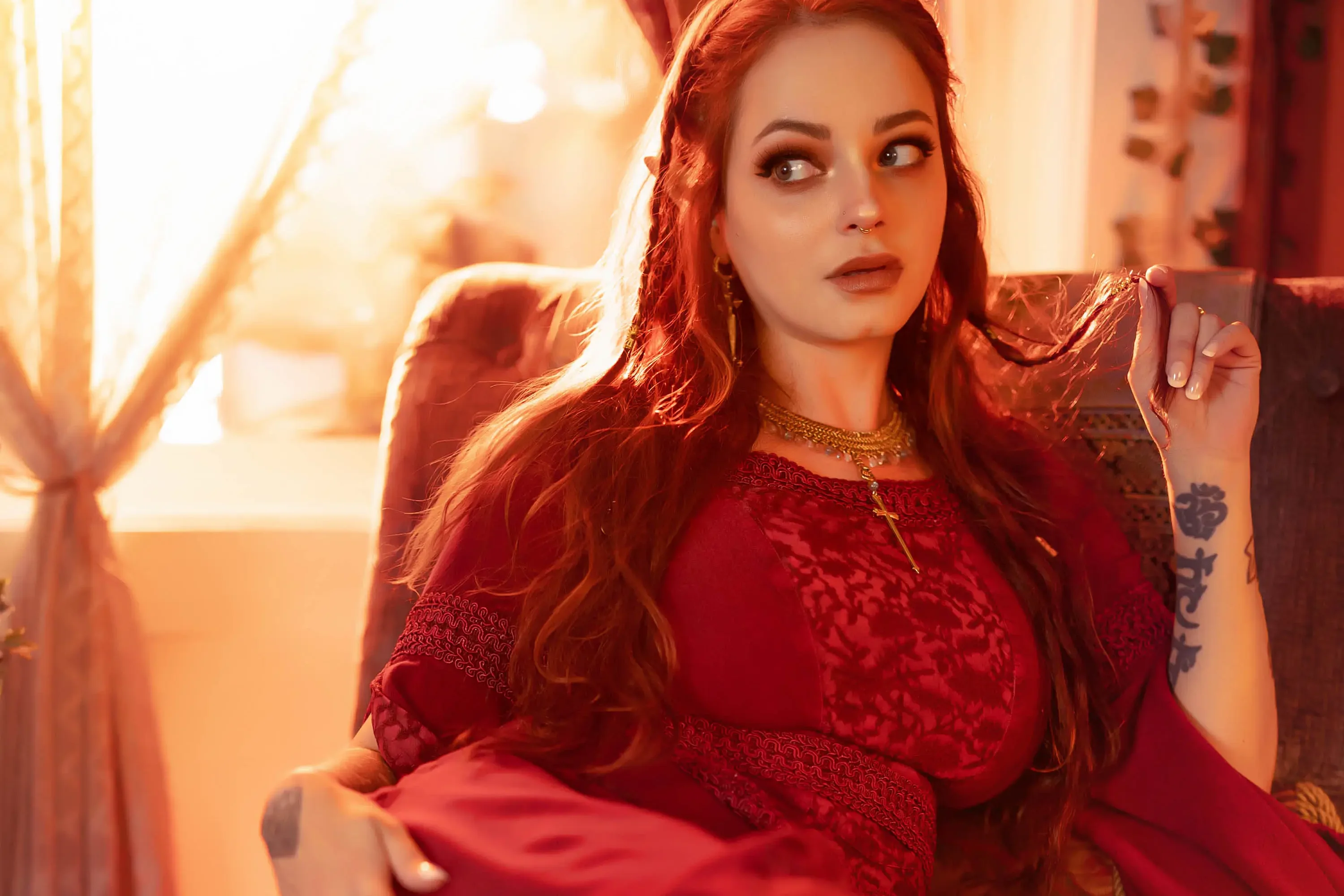 Forbidden Realm Vermilioncandles elf maiden redhead gen-the-hobbit genevieve genthehobbit medieval renaissance  Slide