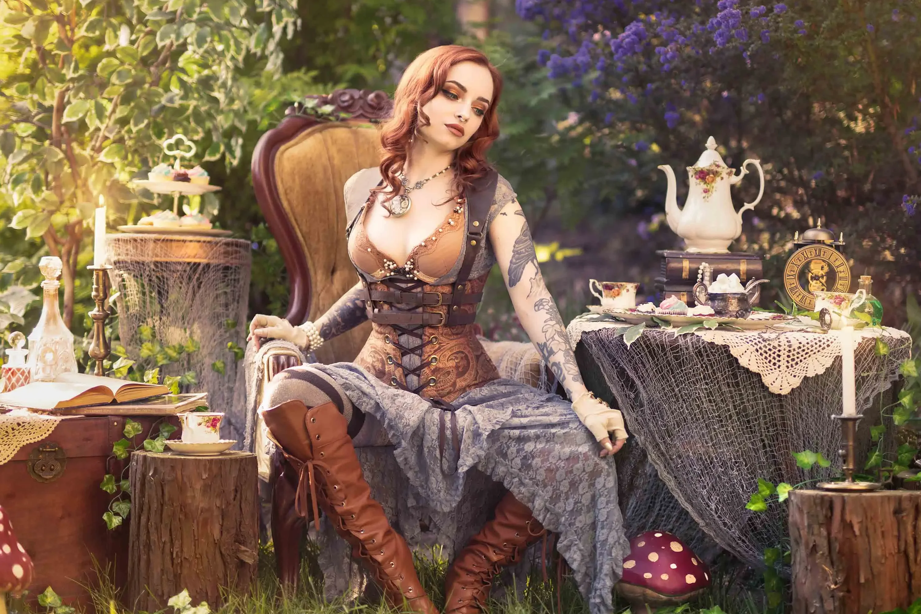 Forbidden Realm Wonderlandboots corset tea whimsical redhead outdoor gen-the-hobbit genevieve genthehobbit steampunk tea-party  Slide